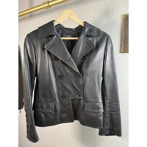 Women's Talbots Black 100% Leather Double Breasted Jacket Size 4 Petite